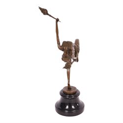 Art deco style bronze figure of a female dancing with flame torches, raised upon marble base, signed Nick, H43cm 