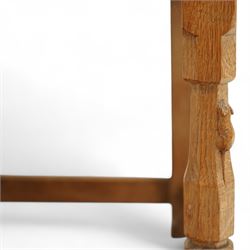 Mouseman - set of eight (7 + 1) oak dining chairs, pierced and carved lattice back over leather upholstered seat, on octagonal front supports united by stretchers, carved with mouse signature, by the workshop of Robert Thompson, Kilburn