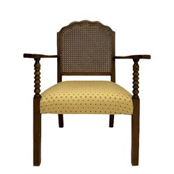 Early 20th century cane back chair, upholstered seat; and a mahogany corner stand (2)