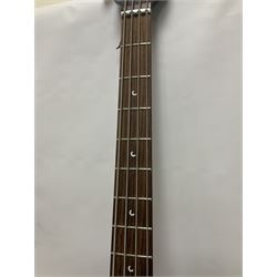 Music Man Bongo 4 string bass guitar, in sapphire black finish, serial no F42547, in black Music Man hard case, guitar L113cm