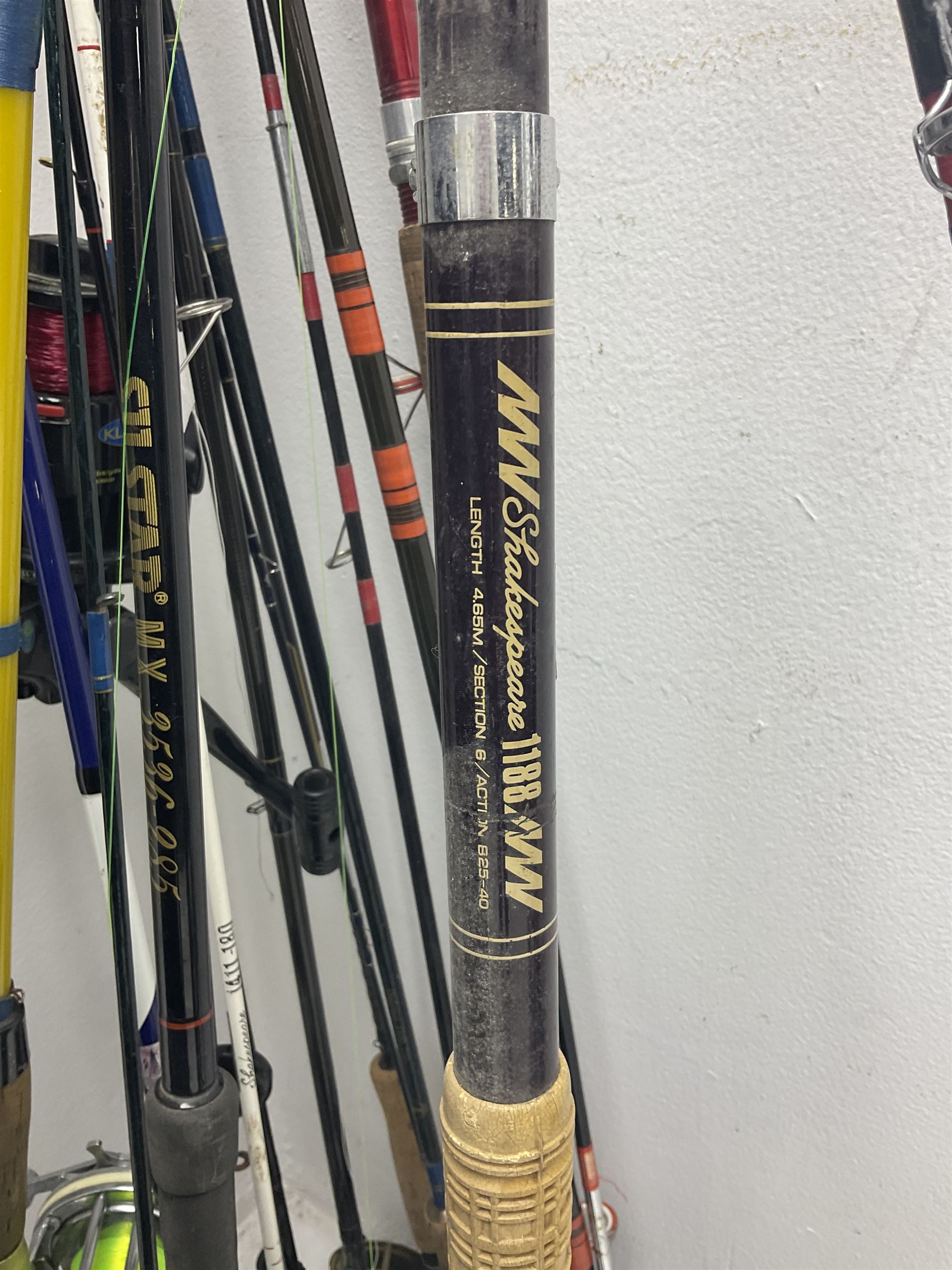 Large collection of part fishing rods and reels, maker's including Silstar, Dynabraid and Madfish, etc 