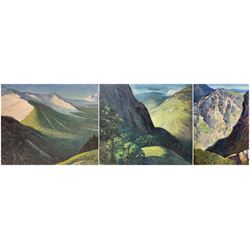 E D Johnson (British 1951-): 'Cumberland', set three oils on board signed, inscribed verso max 55cm x 72cm (3)