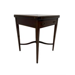 Edwardian mahogany envelope card table, four hinged square top with satinwood and ebony stringing, opening to reveal inset baize centre, fitted with single drawer, raised on square tapering supported united by waived X-stretcher