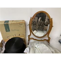 1960s Moss Bros black top hat, together with a wooden swing dressing table mirror and a collection of embroidered and other linen 