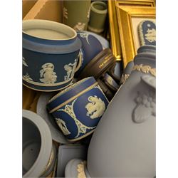 Collection of Wedgwood Jasperware, including vases, jars, framed plaques, etc and Josiah Wedgwood figure