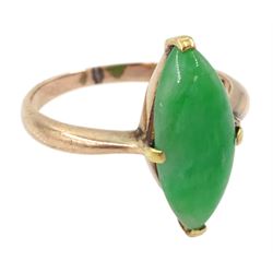 9ct gold single stone marquise cut jade ring, the shank with Chinese character marks