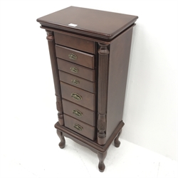 Narrow mahogany pedestal chest, six graduating drawers flanked by two reeded columns on cabriole feet, W43cm, H101cm, D30cm