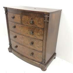 Victorian mahogany serpentine chest, two short and three long graduating drawers, bun feet, W111cm, H114cm, D56cm