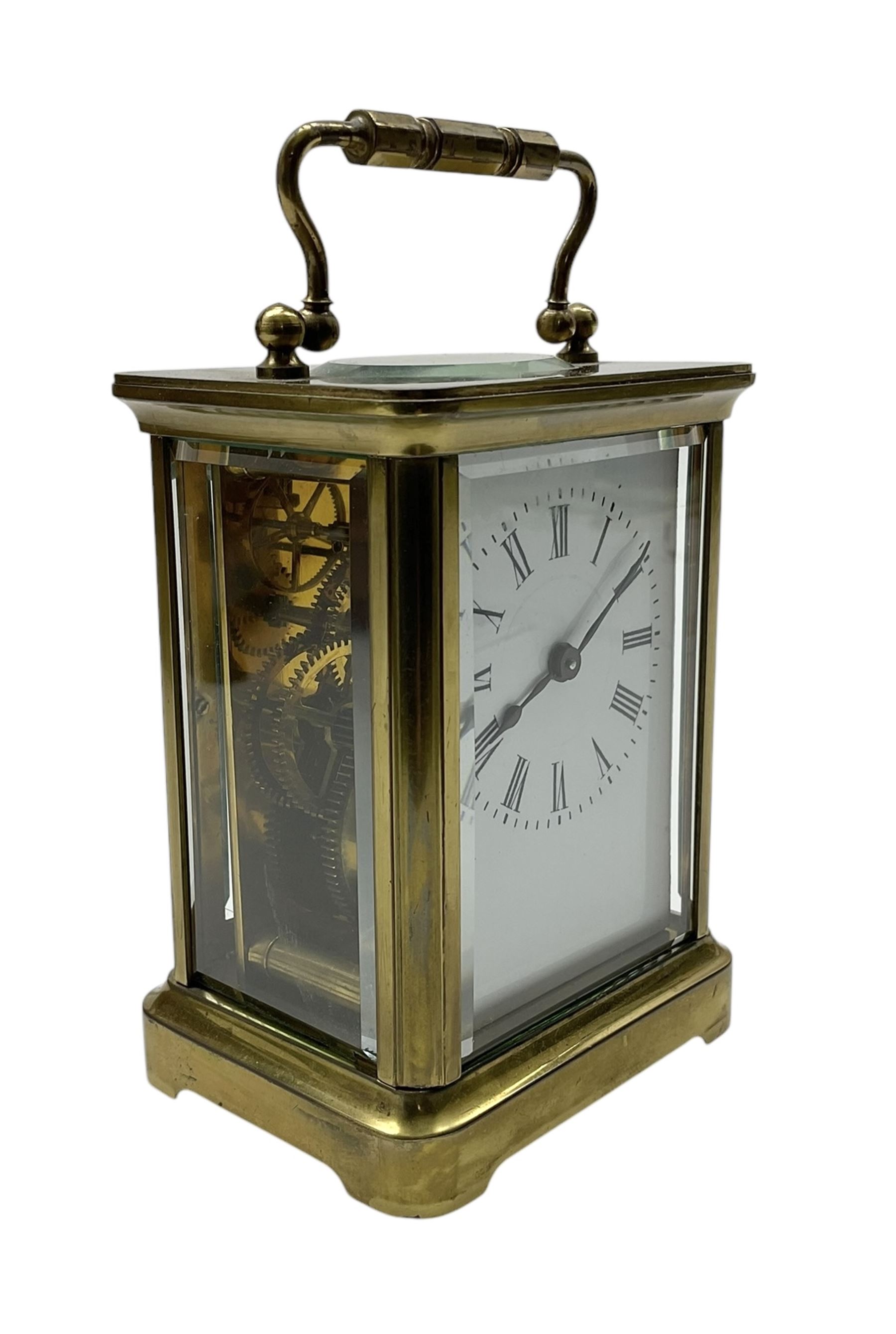 French-19th century timepiece carriage clock in brass corniche case with a cylinder platform escapement. With key. 