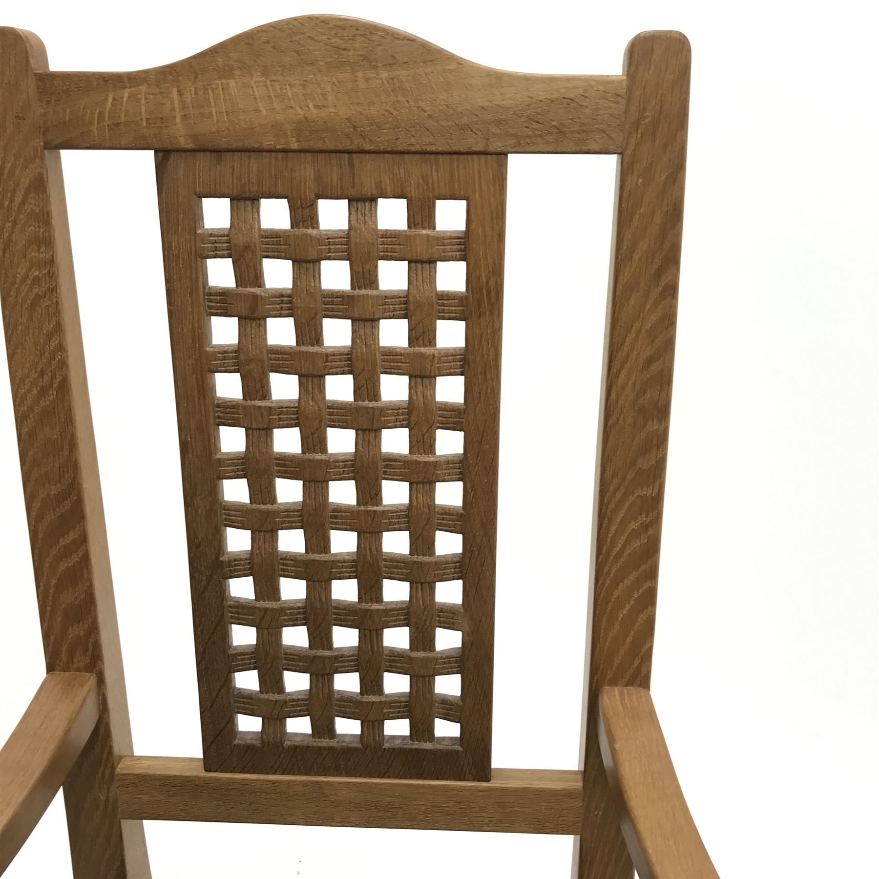 'Foxman' oak rocking chair, arched cresting rail over carved and pierced lattice splat, by Malcolm Pipes of Carlton Husthwaite, Thirsk, W55cm, H108cm, D76cm