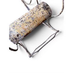 Pair of large unusual 19th century wrought iron garden rocking chairs, simple scroll design, lacking canvas seat