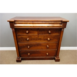  Victorian chest mahogany chest, frieze drawer above two short and three long drawers, column pilasters, plinth base, W128cm, H120cm, D58cm  
