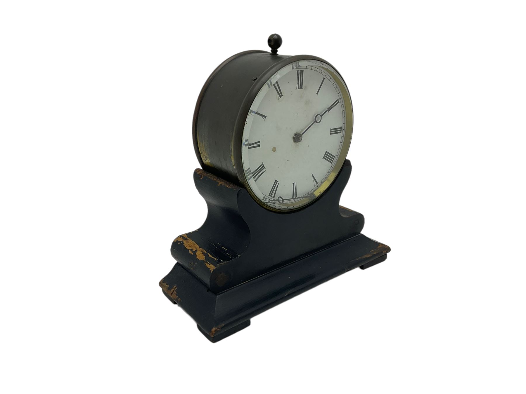 Late 19th century French Drum clock with an 8-day “tick-tack” movement, circular brass case and ebonised wooden stand, white card dial with roman numerals and steel moon hands, Parisian movement stamped VAP (Victor Athanase Pierret) with a deadbeat escapement, integral pendulum and key, wound and set from the rear.