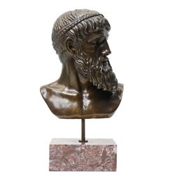 After the antique – a bronze bust modelled on the Artemision Bronze depicting the Greek god Zeus, the bearded head with intense gaze and idealised Classical features, raised on a marble plinth
Notes: the original is now held at the Archaeological Museum of Athens after being recovered from the sea off Cape Artemision, H49cm