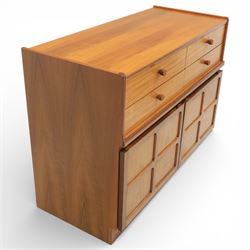 Nathan - 'Squares' pair of sideboards, rectangular top over four short drawers, above signature square panelled cabinet doors on a recessed plinth base