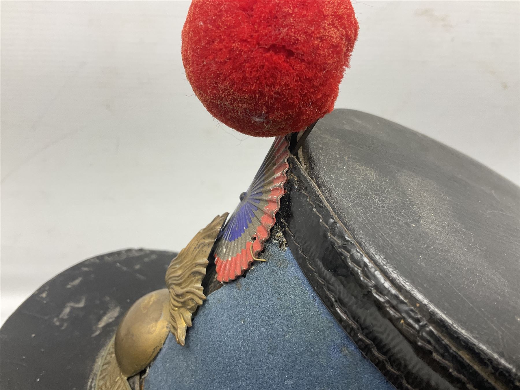 WW1 French Ecole Speciale Militaire Saint-Cyr shako with metallic tricolor cockade and scarlet pompom c1914