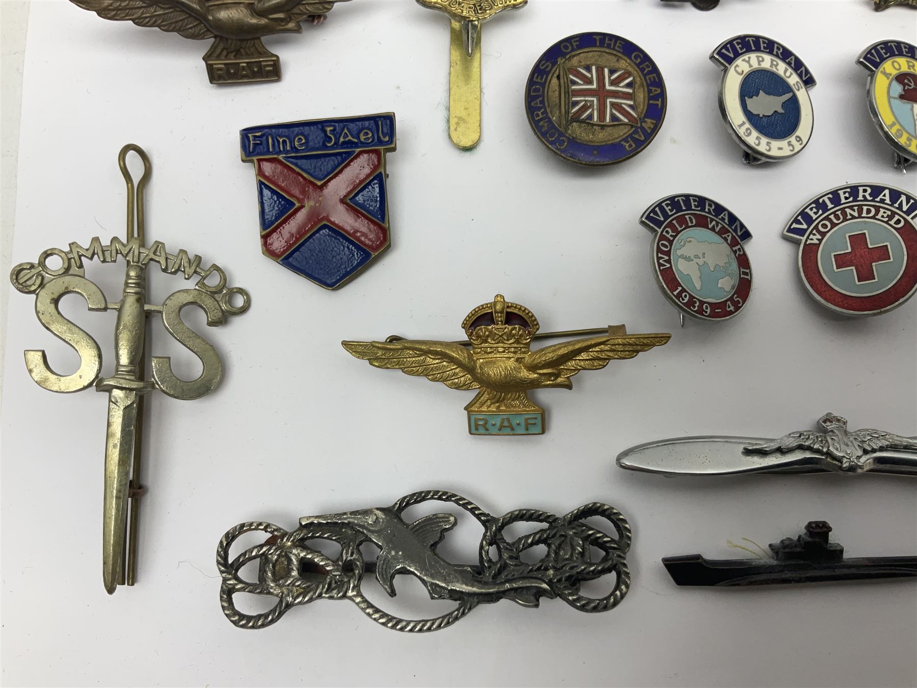 Two Edwardian hallmarked silver presentation fobs for military bugling competitions; and quantity of cap/glengarry and other badges, sweetheart brooches etc