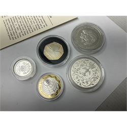 Five Queen Elizabeth II silver commemorative coins comprising 1977 Silver Jubilee crown, 1981 Royal Wedding crown, 1986 Northern Ireland one pound coin, 2000 '`50th Anniversary of Public Libraries' fifty pence coin, and 2001 'Marconi Wireless Transmission' two pound coin