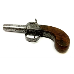 19th century English percussion box lock pocket pistol by Booth Huddersfield with (seized) turn-off barrel, engraved lock, walnut stock and thumb safety L16cm overall