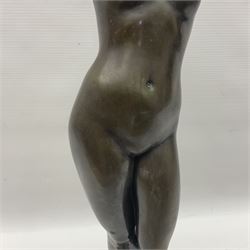 After Eugen Schlipf, Fanfair, bronzed female figure playing two horns, upon a circular marble plinth, H57cm