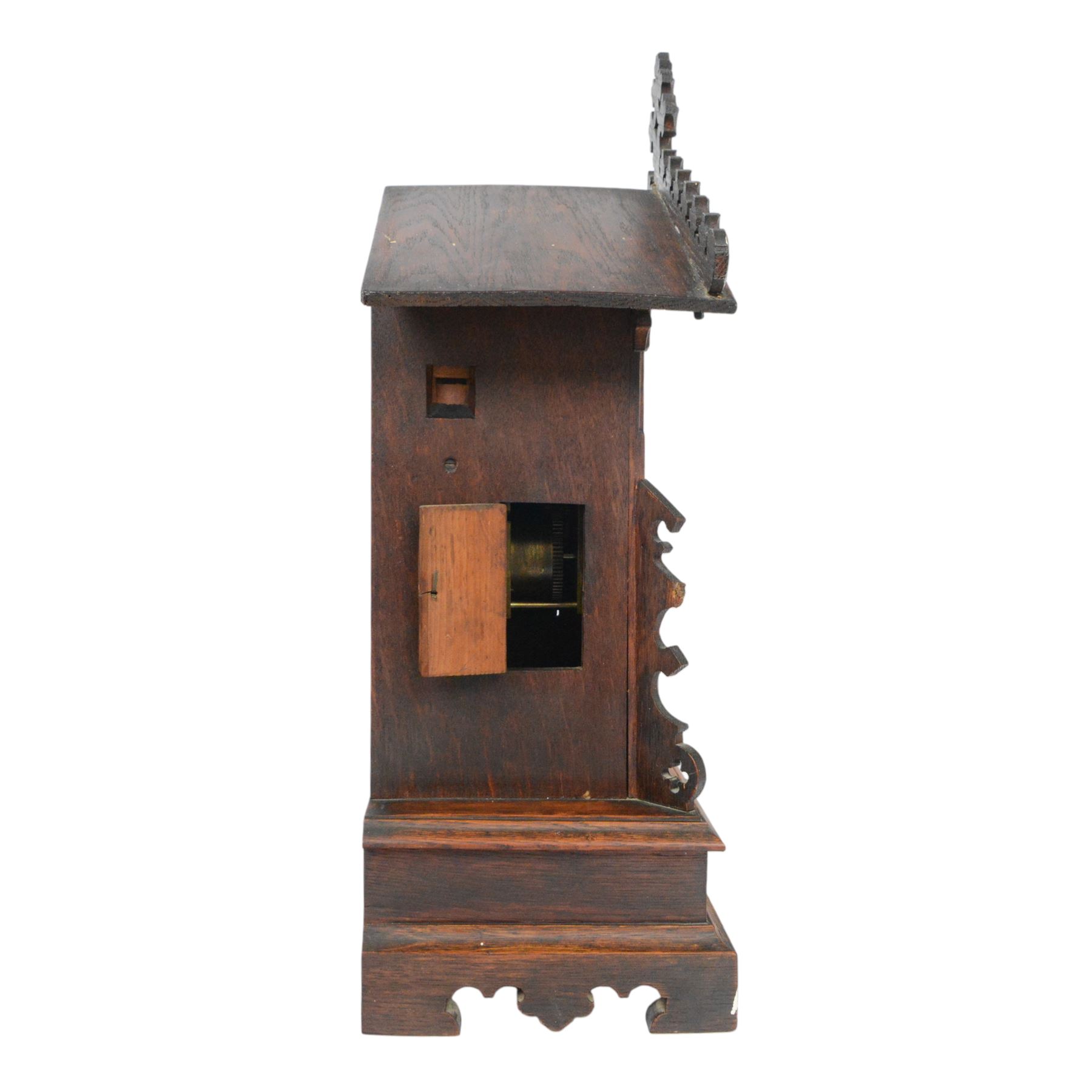 19th century Black Forest cuckoo mantel clock with carved architectural case, with eight day gong striking movement
