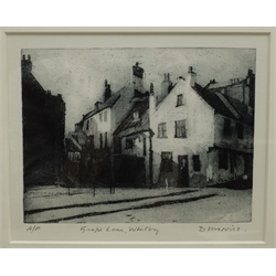  David Morris (British Contemporary): 'Grape Lane Whitby', artist's proof etching signed and titled in pencil, Tony Hunter (British ?-2015): 'Sunday Doings', watercolour and ink signed, titled on label verso, Patricia Kitson (British Contemporary): Rock Pooling, watercolour signed, artist's address label verso, and Gordon Hurley (British 20th century): Coastal Cottages, watercolour signed, max 30cm x 39cm (4)  