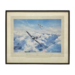 After Robert Taylor, 'Spitfire', a first edition print, signed in pencil by Group Captain Sir Douglas Bader CBE, DSO, DFC and Air Vice Marshall Johnnie Johnson CB, CBE, DSO, DFC, published by Universal Promotions Ltd of Bath 1979. Overall image 40 x 53cm approximately; ebonised frame