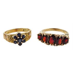 Gold garnet and diamond chip ring and a gold sapphire cluster ring, both 9ct