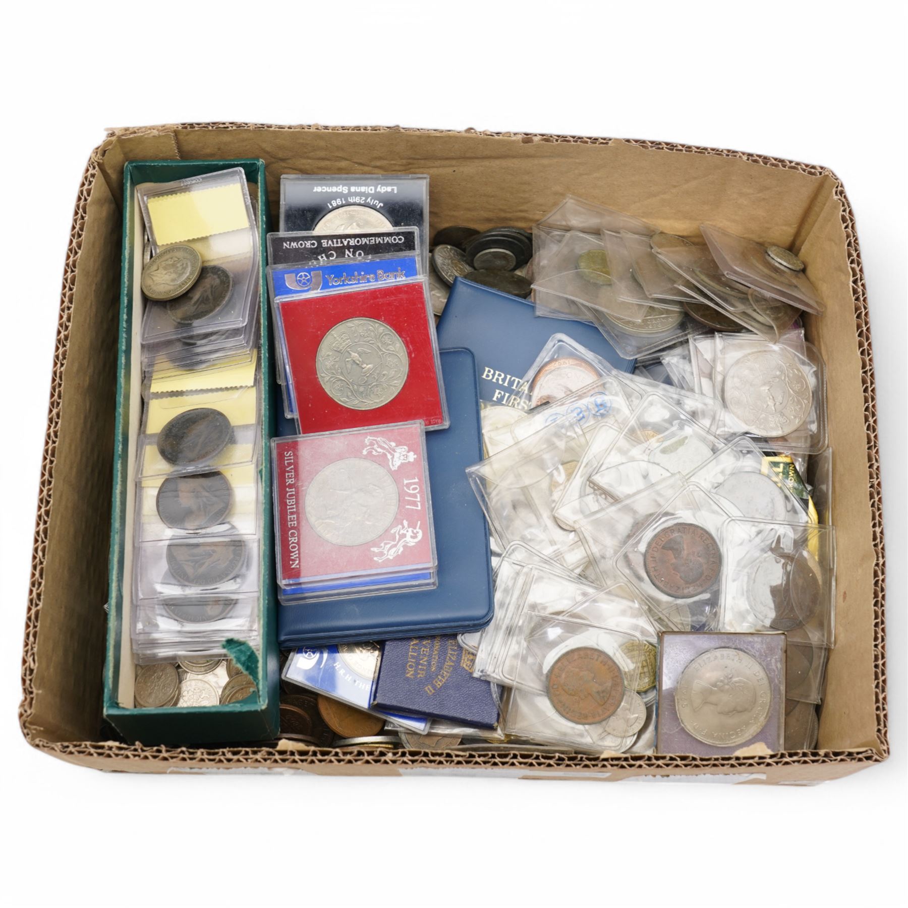 Quantity of Great British and World coins, including commemorative crowns, 'Britain's First Decimal Coins' sets in blue wallets, commemorative crowns, Queen Victoria and later pennies, other pre-decimal coinage etc