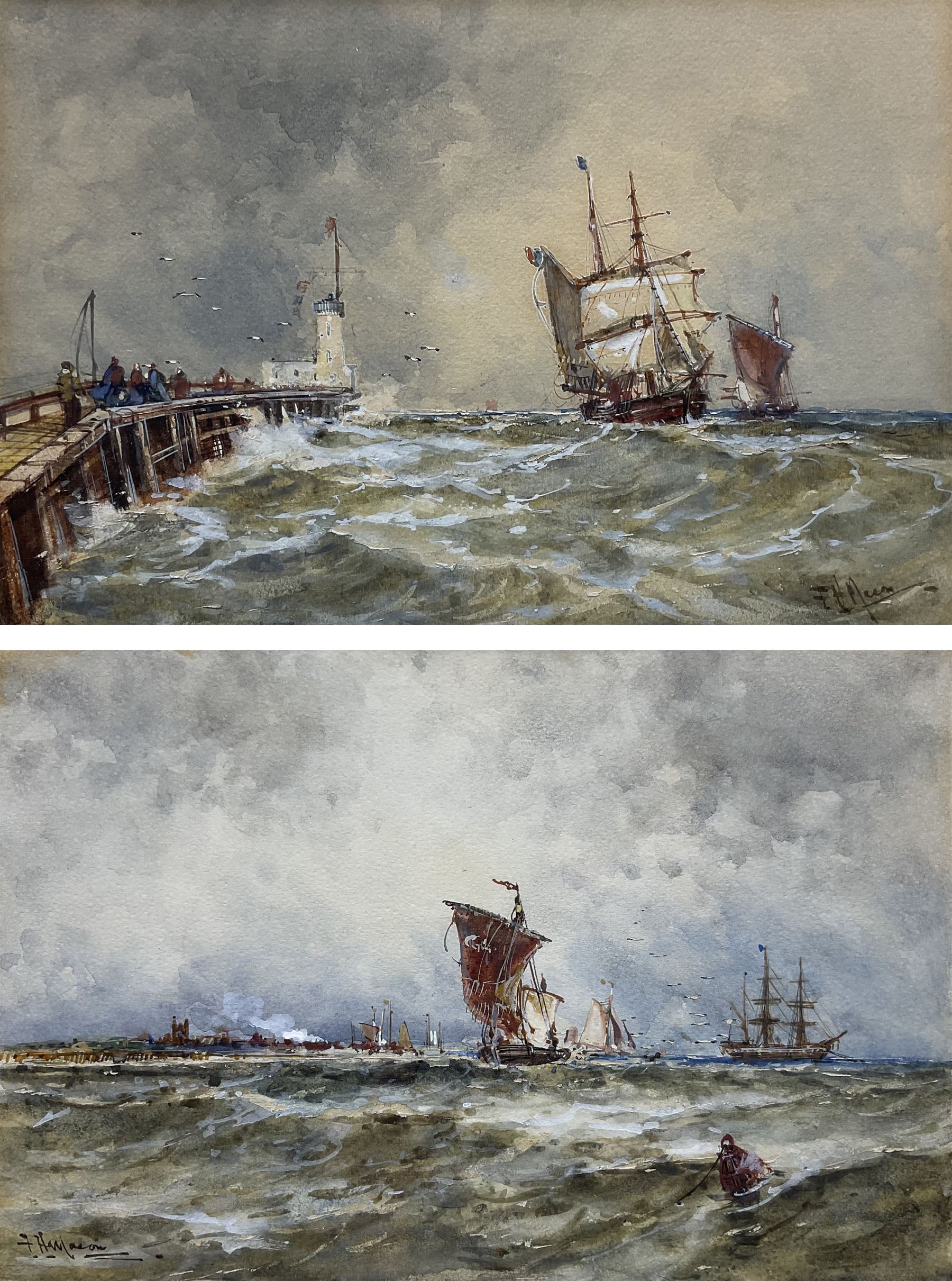 Frank Henry Mason (Staithes Group 1875-1965): Ships Returning to Calais and Shipping off the Coast, possibly St Andrews, pair watercolours heightened in white signed 15cm x 23cm (2)
