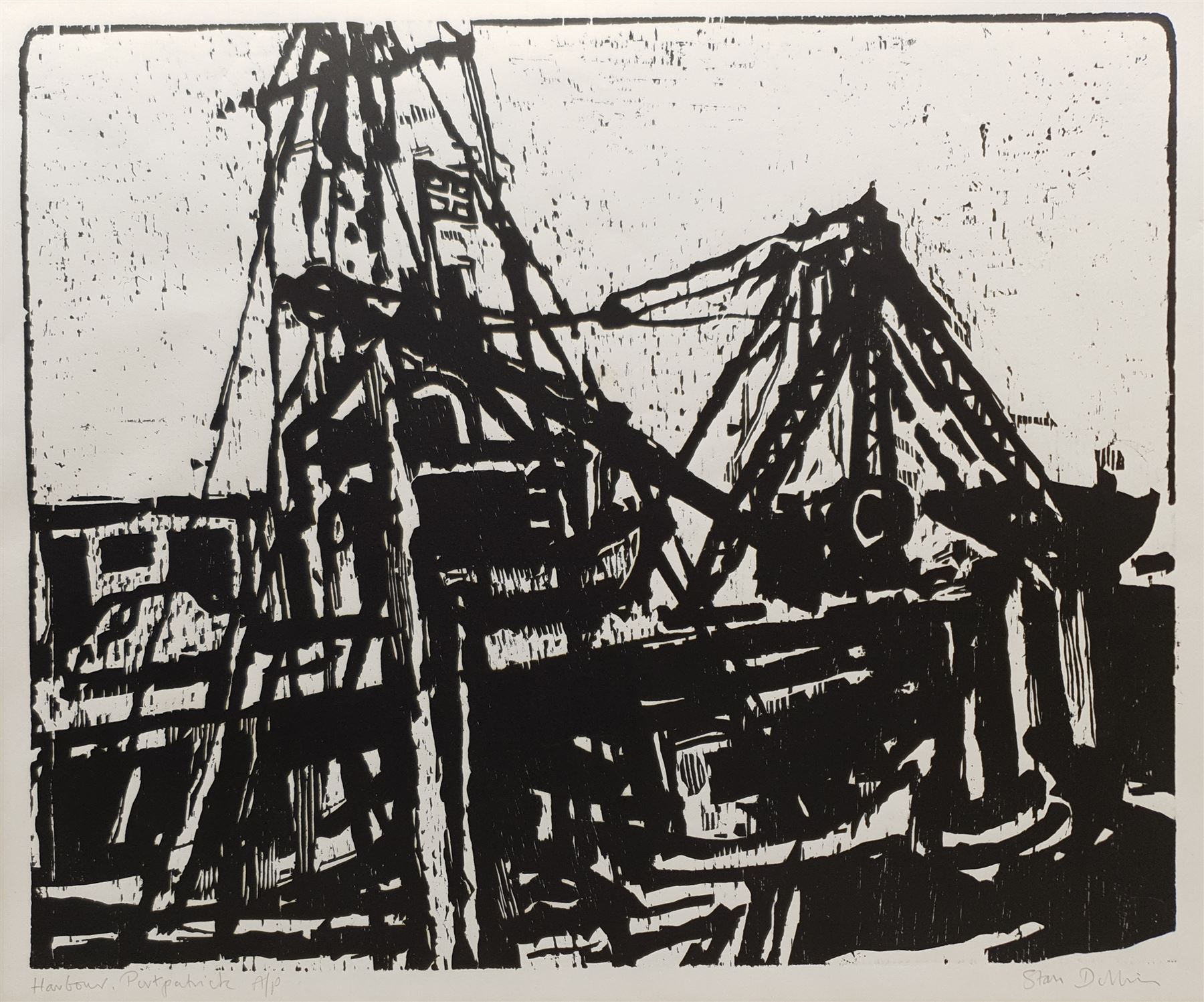 Stanley Dobbin (British 1932-2021): 'Quarry Portland', oil and pastel unsigned, labelled 36cm x 64cm; Stanley Dobbin (British 1932-2021) 'Harbour Port Patrick', artist's proof wood block print signed and titled in pencil 48cm x 58cm (unframed) (2)
Provenance: from the estate of Stanley Dobbin