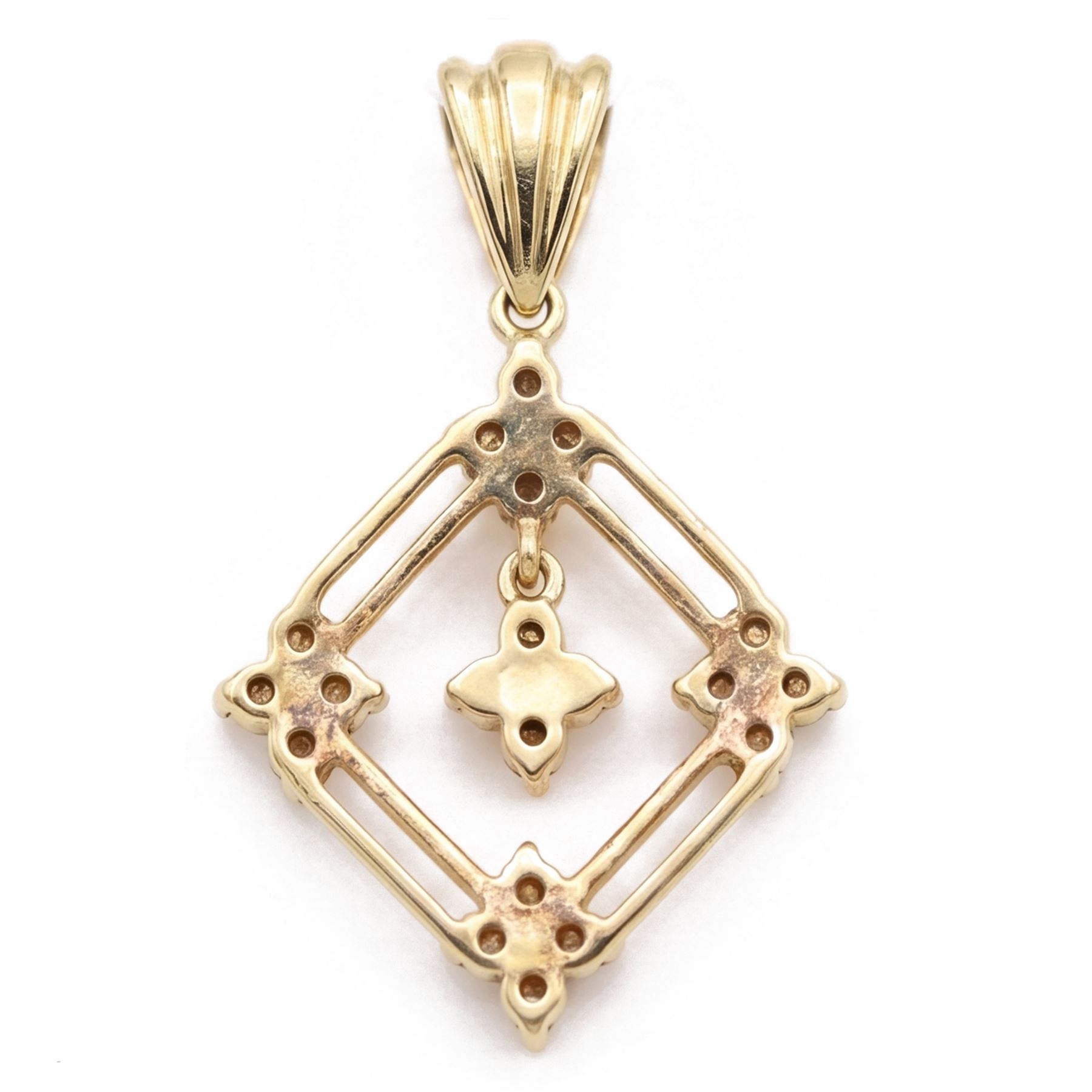 18ct gold diamond lozenge pendant, set with twenty round brilliant cut diamonds within an openwork frame, to a diamond set bale
