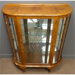  Early to mid 20th century walnut display cabinet, engraved glazed door enclosing two glass shelves, back interior mirror, cabriole legs, W92cm, H118cm, D32cm  