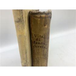 Vita Della Serafica Vergine, E Gloriosa Madre Santa Teresa Digesu .... 1747 Venezia Presso Andrea Poletti. Engraved frontispiece; and Iusti Lipsi Diva Sichemiensis fiue Aspricollis: Nouaeius Beneficia & Admiranda. 1605 Antwerpiae Ex officina Plantiniana. Engraved title page. Both with full vellum binding (2)