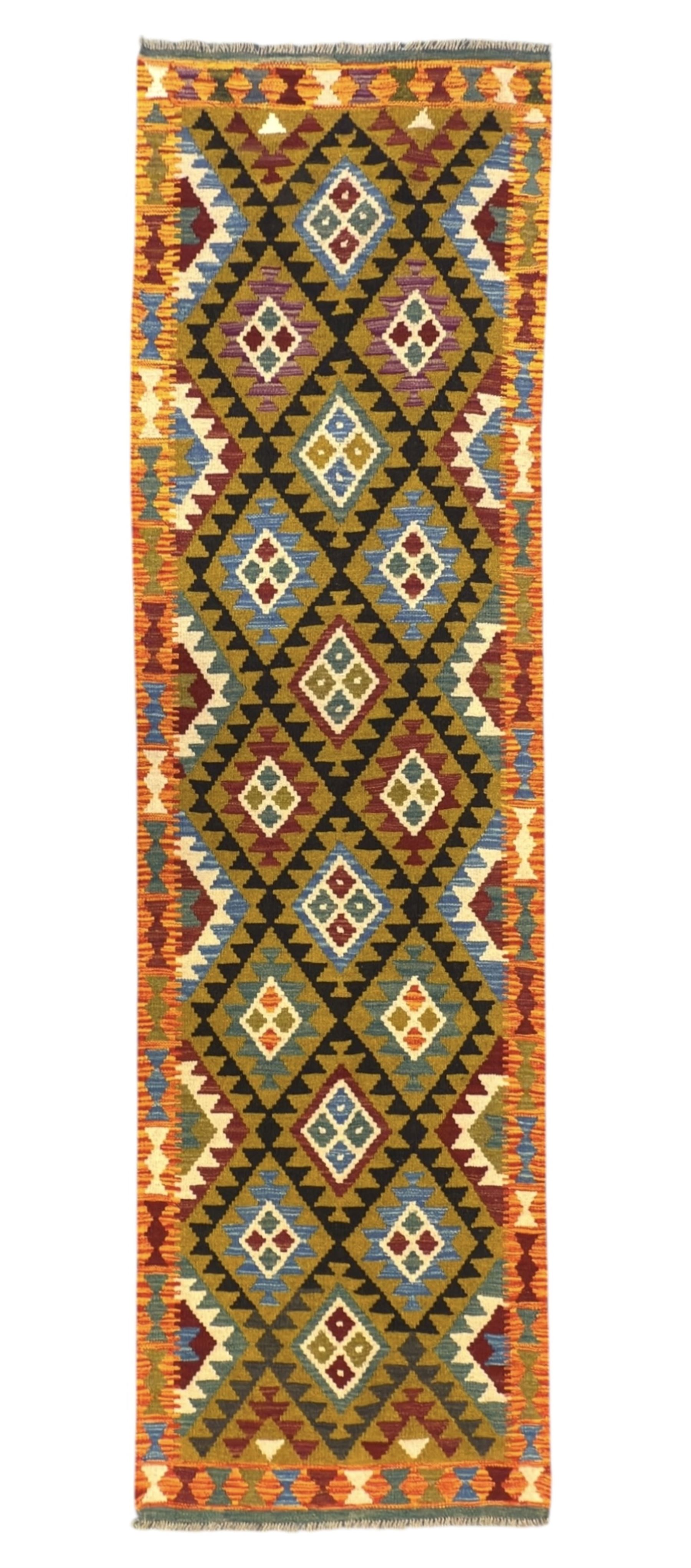 Maimana Kilim runner, multi-coloured geometric design, 302x86cm 