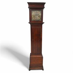 Joseph Millie of North Shields- oak cased 30hr longcase clock c1760, with a flat topped hood and deep frieze beneath, square hood door with side splats, long trunk with a conforming flat topped door with a square plinth raised on ball feet, brass dial with Rococo spandrels, matted dial centre and date aperture, chapter with Roman numerals, five minute Arabic's, minute track and matching steel hands, with a chain driven countwheel striking movement sounding the hours on a bell. With pendulum and weight.