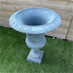 Pair of Victorian design painted cast iron garden urns, egg and dart rim, tapering column on pedestal base H63, D48 - THIS LOT IS TO BE COLLECTED BY APPOINTMENT FROM DUGGLEBY STORAGE, GREAT HILL, EASTFIELD, SCARBOROUGH, YO11 3TX