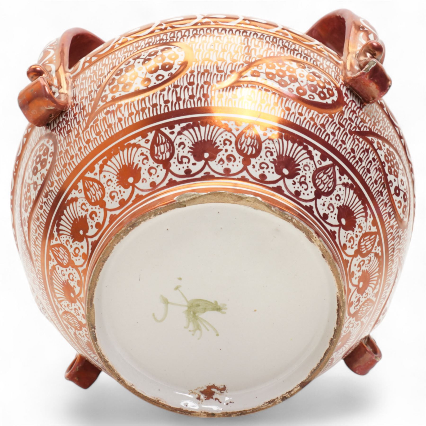 Hispano-Moresque copper four-handled lustre vase, decorated with repeating leaf and foliate patterns, H30cm 