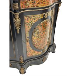 Victorian style simulated boulle work and black lacquered side cabinet, serpentine from with variegated marble top with mould, single drawer over cupboard, decorated with ornate gilt metal mounts