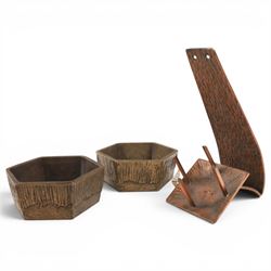 Pair of brutalist candle holders, together with similar wall sconce