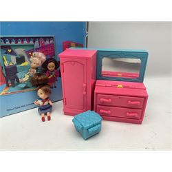 Wish World Kids - Eleven play sets comprising Treats ‘n Sweets Refrigerator, Grin ‘n Win TV, Sponge ‘n Plunge Bathtub, Socks ‘n Locks Dresser, Spice ‘n Slice Stove, Sleep ‘n Leap Bed, File ‘n Smile Desk, Blaze ‘n Braise Fireplace, Hear ‘n Cheer playset in Sponge ‘n Plunge box, two Read ‘n Speed Chair playsets in one box