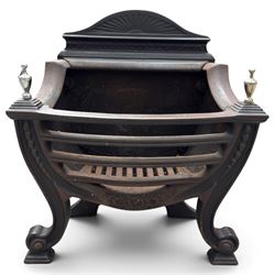 Three cast iron fireplace fittings, comprising a Regency-style fire grate with sunburst crest, urn finials, bowed basket and scroll supports (W58cm H63cm); Victorian fender with pierced acanthus frieze and foliate base (W64cm H20cm); Gothic Revival fireplace with fleur-de-lis crest, arched surround and integral fire basket (W41cm H87cm)