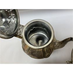 Twin handled silver plated bowl retailed by Harrods, together with two 19th century coffee pots, pewter milk jug and other metalware   