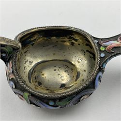 Late 19th century Russian silver kovsh, the body with polychrome cloisonne enamel floral decoration and turquoise enamel bead borders to base and handle, marked beneath with Kokoshnik mark, 84 standard, makers mark MC, possibly for Mikhail Fyodorovich Sokolov, L7cm, H3cm