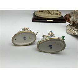 A small pair of Sitzendorf figures modelled as shepherd and shepherdess, H10.5cm together with a Dresden porcelain figure modelled as a female figure playing the piano, H17cm, a Naples figure with floral bouquet, H27.5cm,  a Naples figure holding a dog, H33cm, and a Leonardo Collection figure, Interlude, H24cm. 