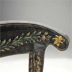 Early 20th century Anglo-Indian painted and inlaid armchairs, each with shaped top rail decorated with polychrome floral motifs above turned spindle galleries, shaped open arms and upholstered seats, on square supports with similar painted decoration