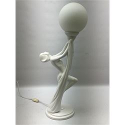 Art Deco style lamp modelled as a nude female dancer supporting white globe shade with draped folds of linen, H62cm
