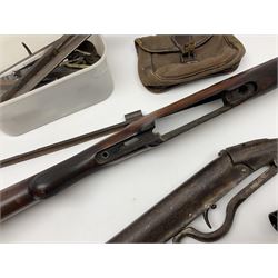 Assorted rifle and pistol spares; early Gem air rifle with sawn off barrel (piece present); telescopic sight; canvas/leather ammunition pouch; Mauser stock; barrel browning solution etc