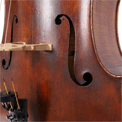 Early 19th century English cello by Samuel Gilkes of London, circa 1820, with two piece back and pine table finished in a golden brown varnish, certificate of authenticity from D.R Hill & Son, Buckinghamshire, numbered H494 in their records, in Hiscox hard case, with two horse hair cello bows, the first an English example stamped Ferranda Millars Liverpool, the second a German example stamped R. Paesold, both with ebonised mother of pearl/abalone frogs and ivory tip plates
This item has been registered for sale under Section 10 of the APHA Ivory Act