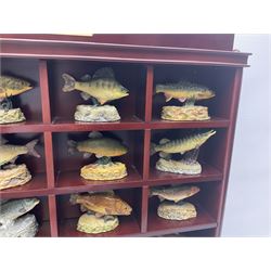 Twenty Four Danbury Mint models of fish, The Angler's Showcase, each with accompanying information card, in wooden wall mounted display shelf, with title plaque, display shelf H61cm L54cm